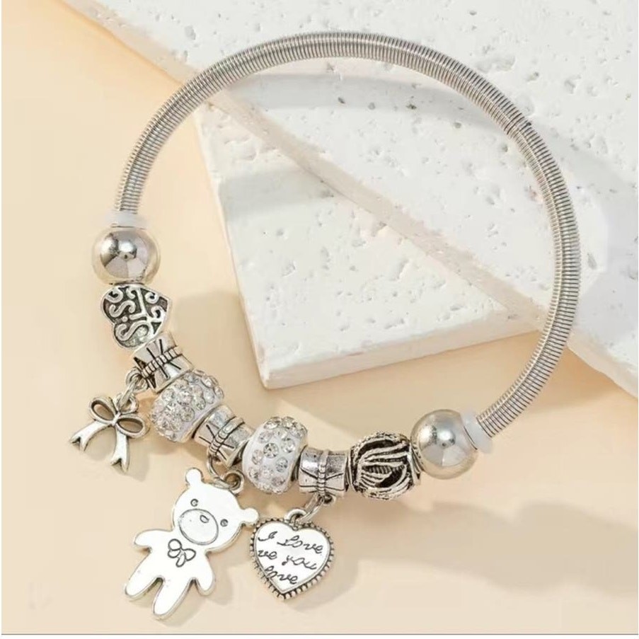 Beaded I Love You Bear Charm Zinc Alloy Open Cuff Bangle Bracelet