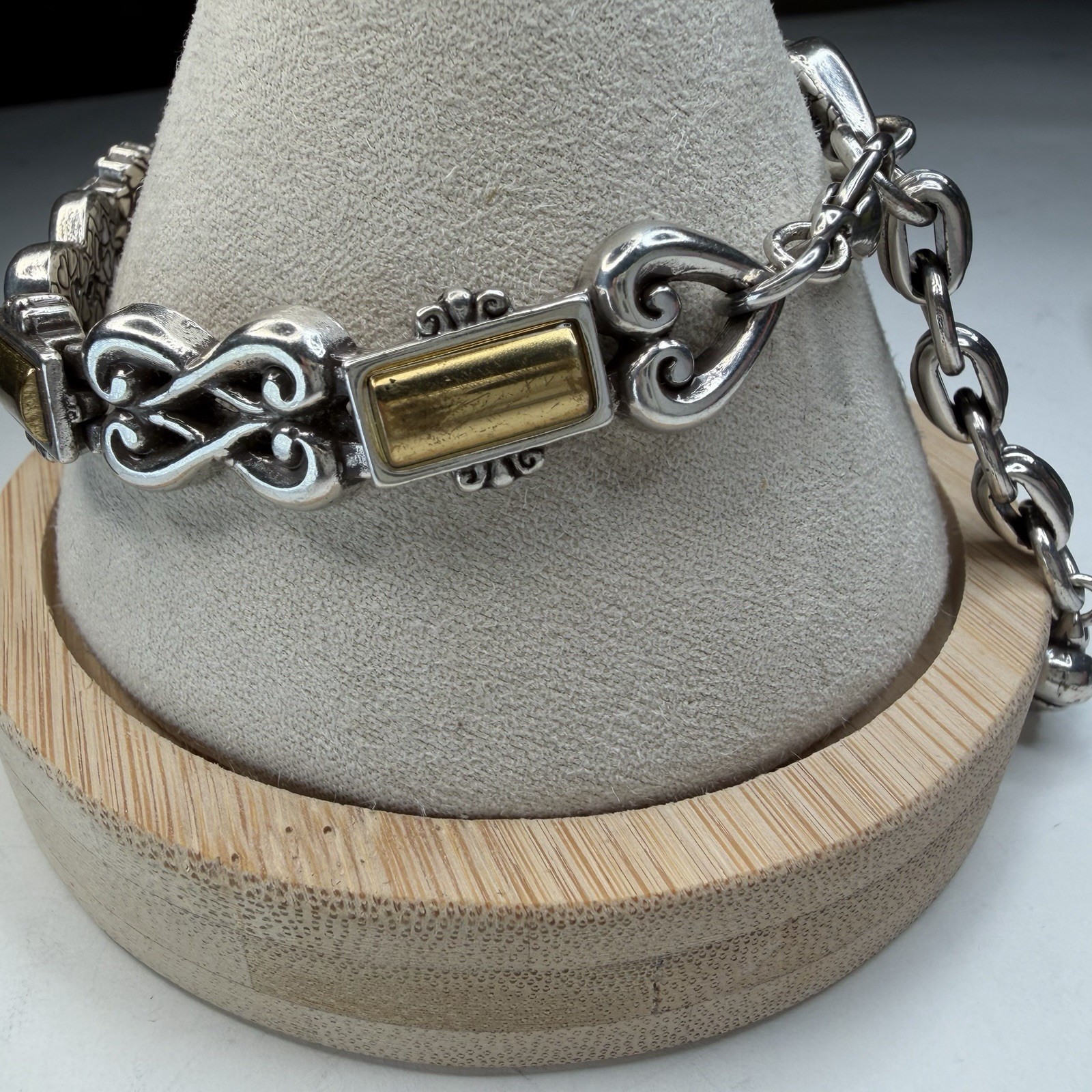 VTG Brighton Chunky Gold Silver Tone Ornate Scrollwork Bar Link Bracelet 7”+ext.