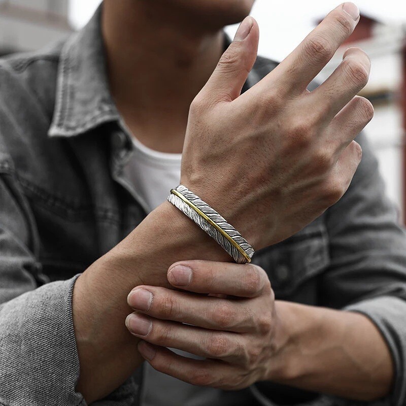 Women Men Retro Vintage 925 Sterling Gold Silver Feather Cuff Bangle Bracelet US