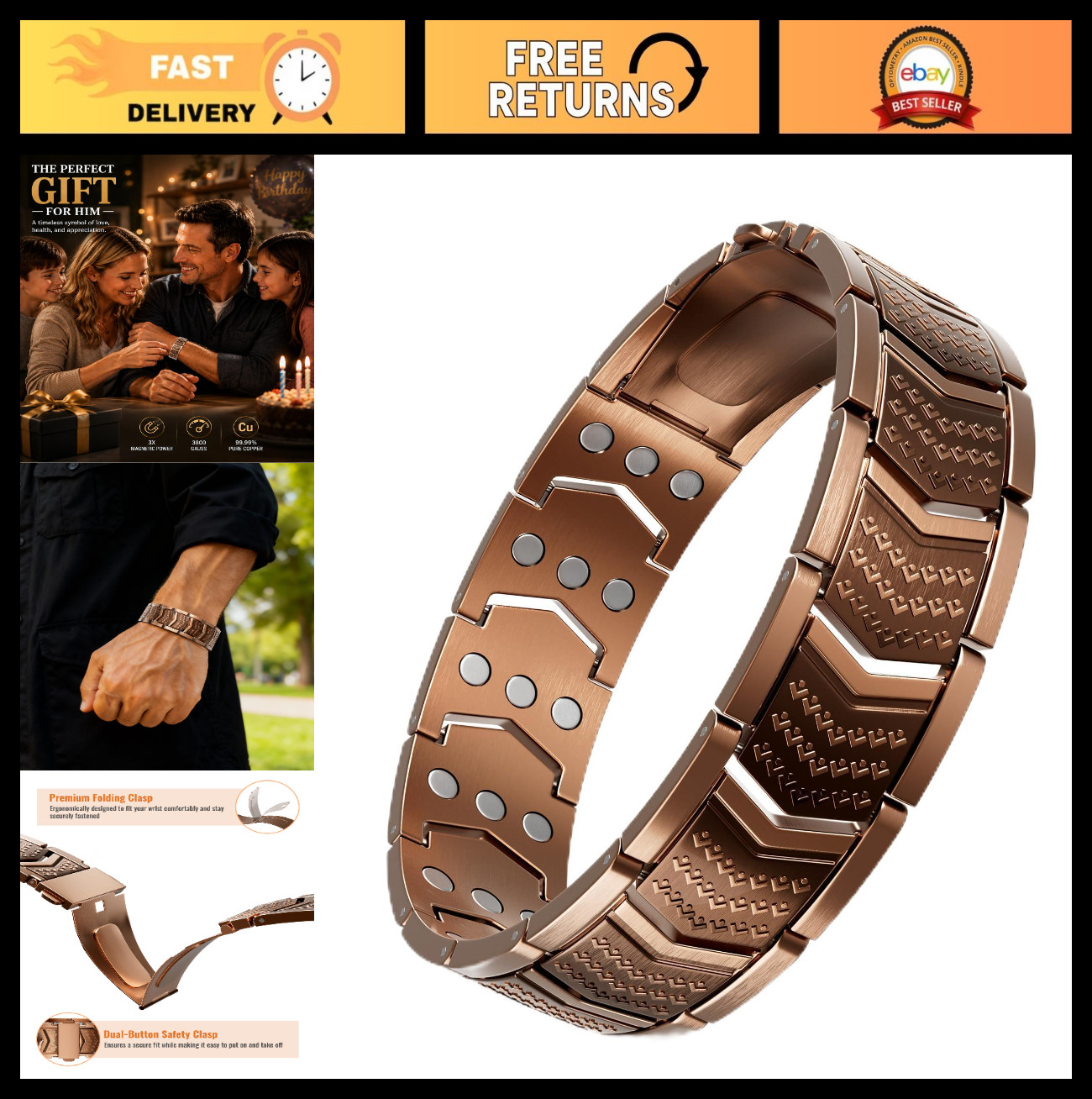 Men’s Copper Magnetic Bracelet 3800 Gauss, 3X Strength, Adjustable Gift Box, Shi
