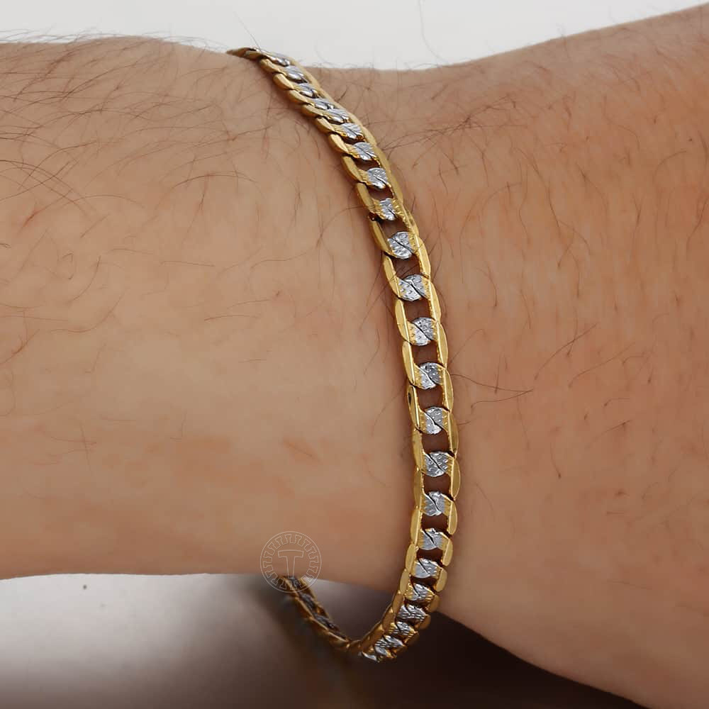 Silver&Yellow Gold Filled Chain Hammered Cut Curb Cuban Bracelet Women Men 8inch