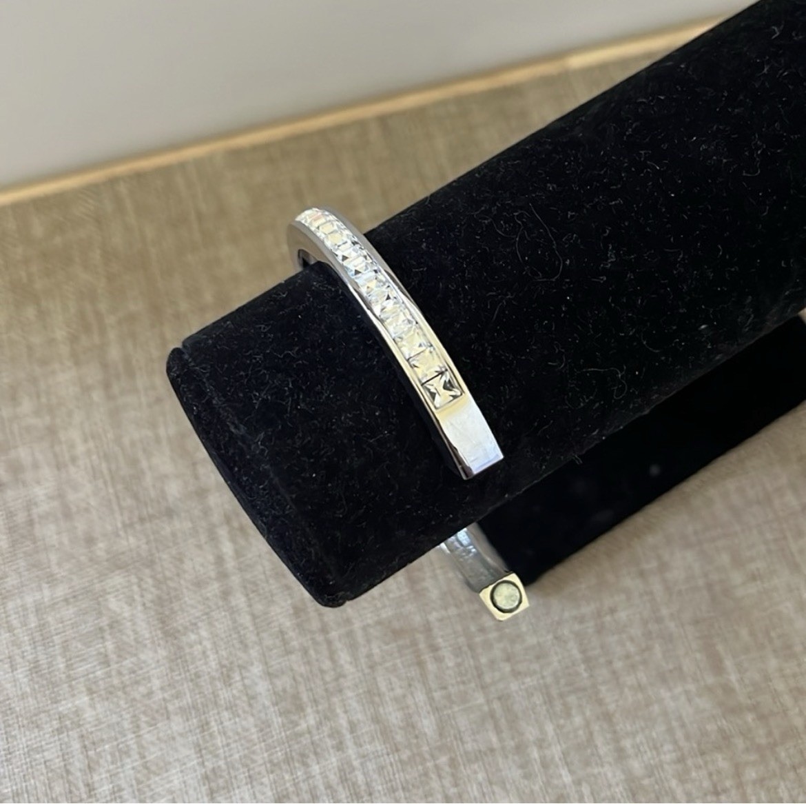 Silver Tone Stainless Steel Hinged Bangle Bracelet Channel-Set Square Crystals