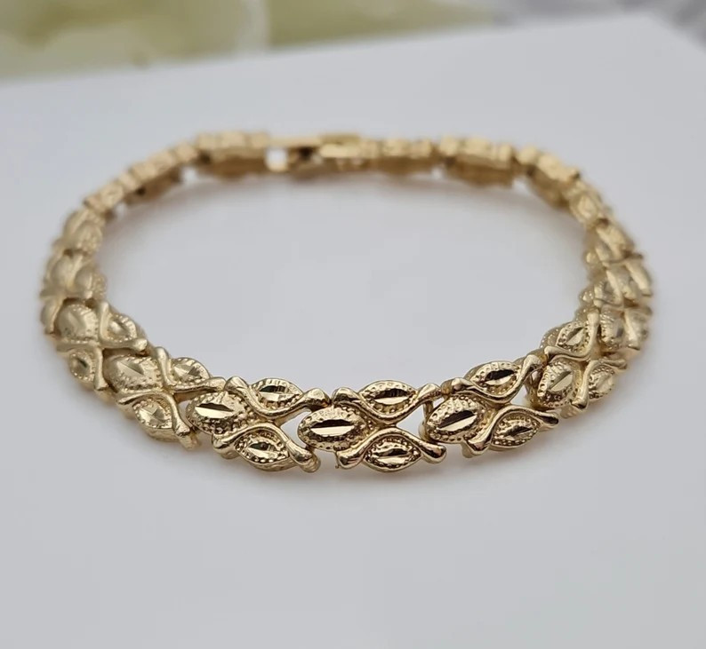 Gold Vintage Bracelet for Women, Diamond Cut Bracelet, 14k Heavy Plated Gold