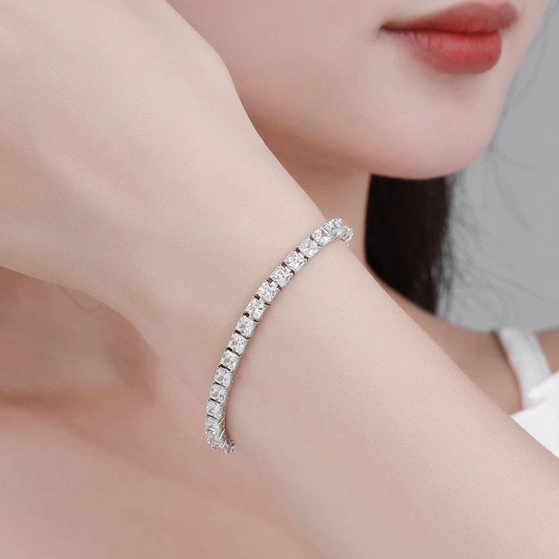 Real Princess Cut 4mm VVS1 MOISSANITE Tennis Chain Bracelet 925 Sterling Silver