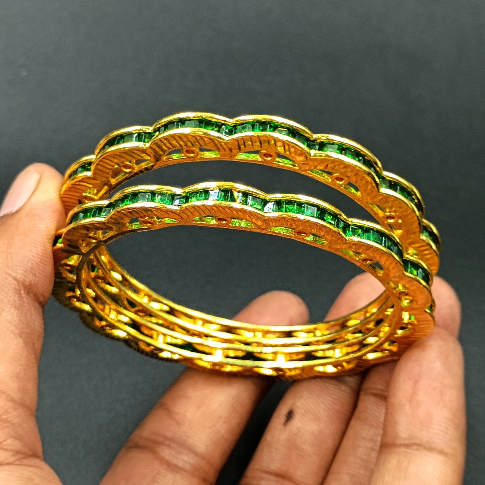 Handcrafted 22K Gold Over Brass Emerald Bangles Set Women Vintage Style Bracelet