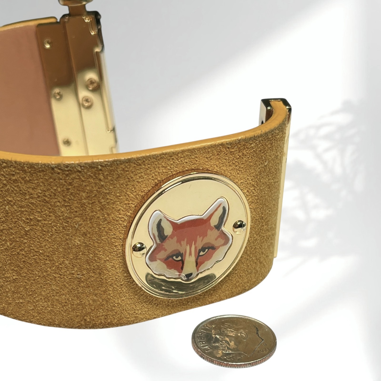 Tory Burch Cuff Bracelet Fox Coin Yellow Suede Leather Gold Tone Hardware Wide