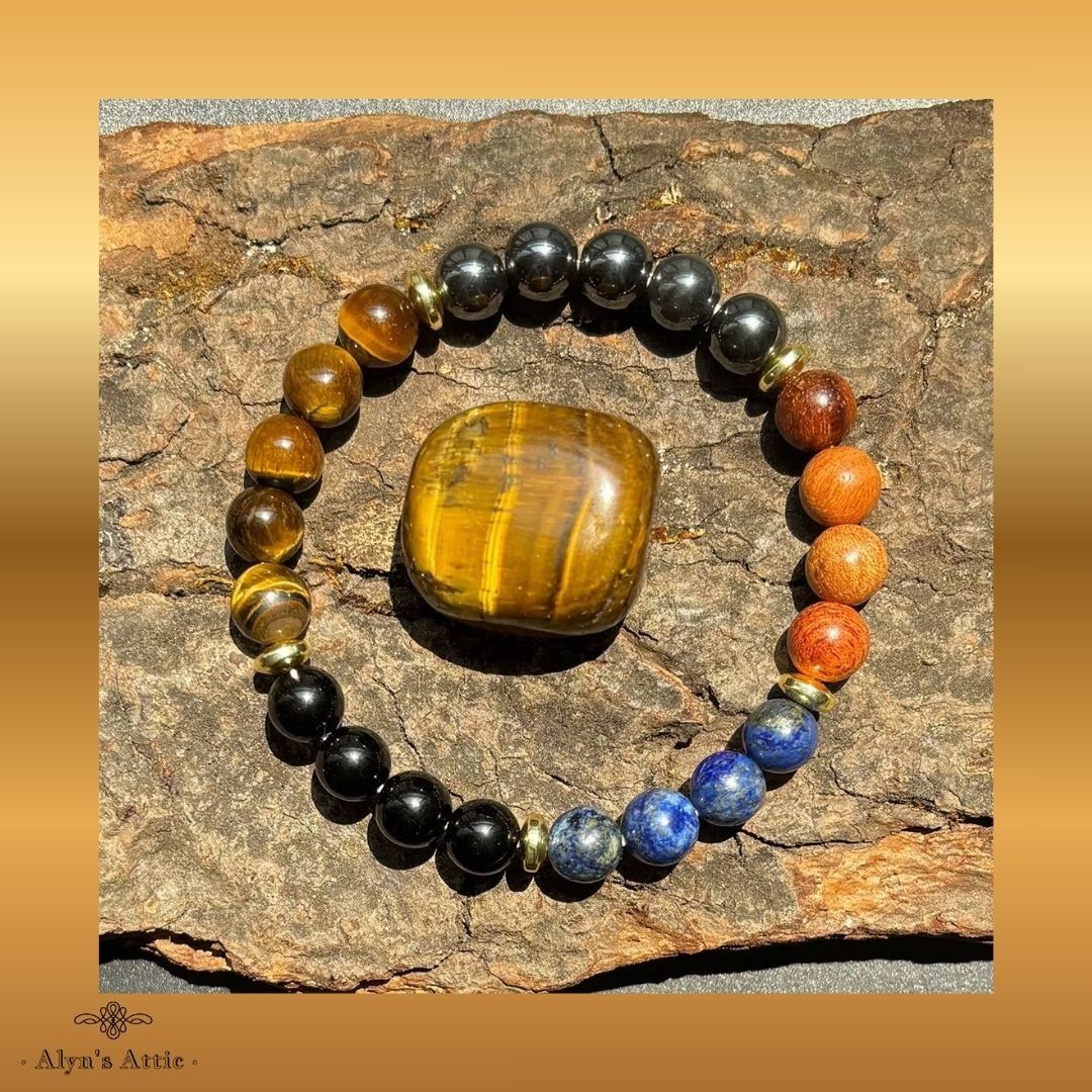 Tiger Eye Tourmaline Hematite Lapis Lazuli Bracelet 9mm Beads for Prosperity