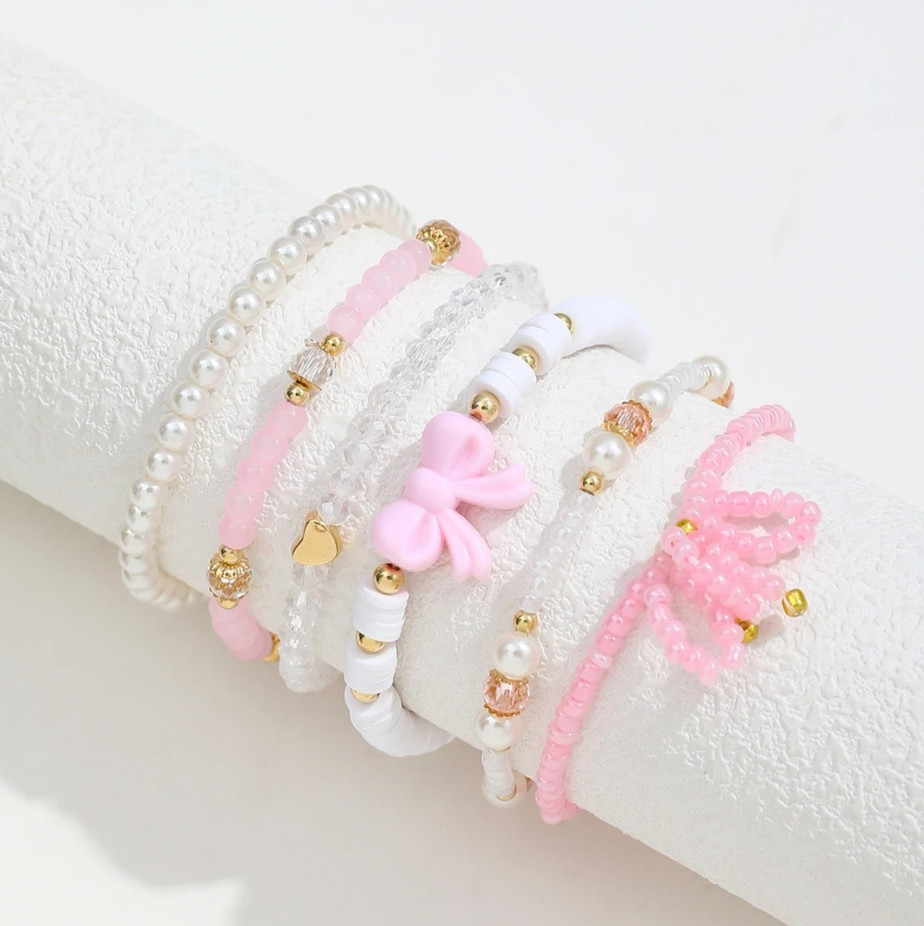 6Pcs Pearl Bow Heart Beaded Bracelet Set Cute Sweet Jewelry for Women