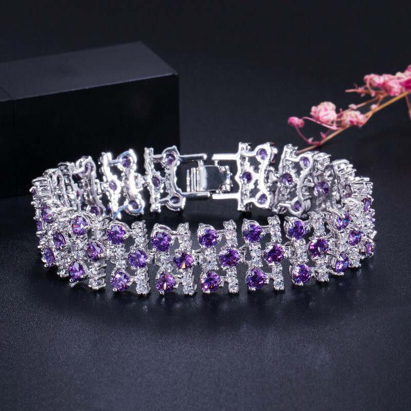 Silver Plated Wedding Blue Cubic Zirconia Wide Tennis Bracelet for Women Jewelry