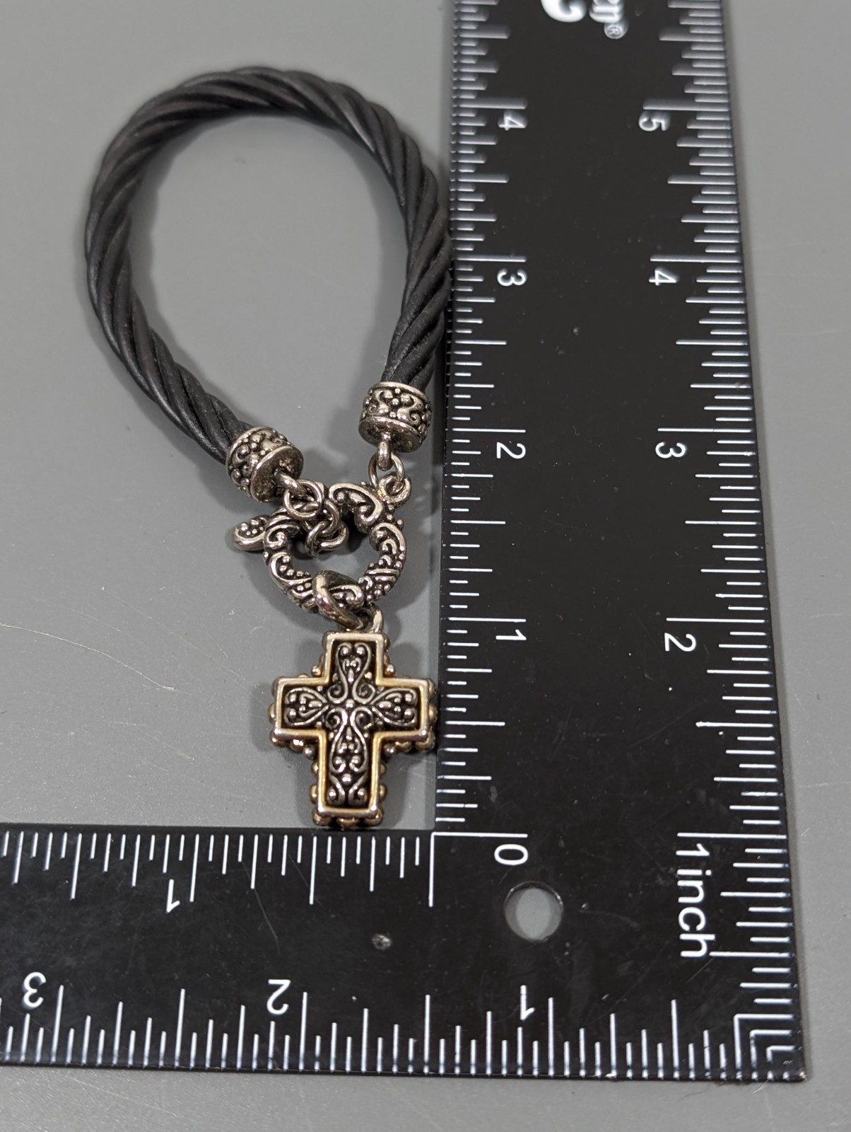Black Multi Cord Two Tone Bali Style Cross Charm Toggle Bracelet 6.5 inch