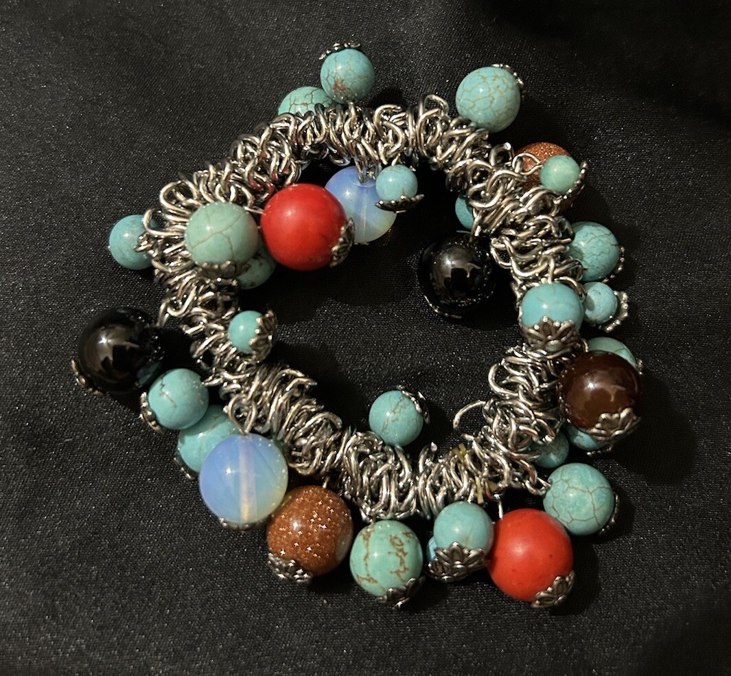Beads Stones Bracelet M/Large Turquoise Blue Red Stretchy Silver Toned Bangle