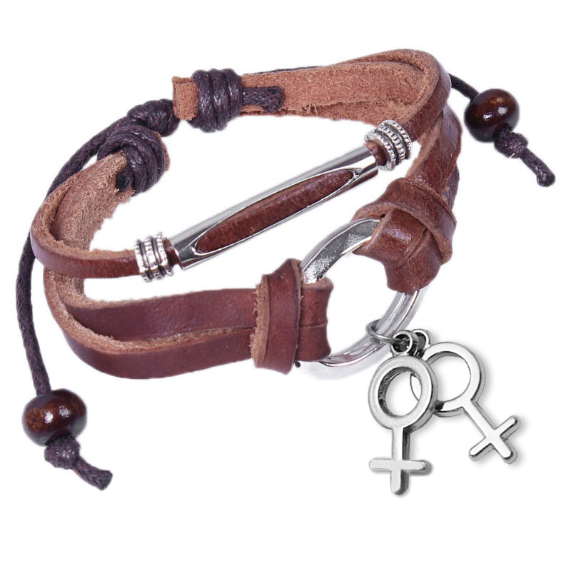 Pride Shack – Leather & Copper Wristlet w Female Symbol – Lesbian Pride Bracelet