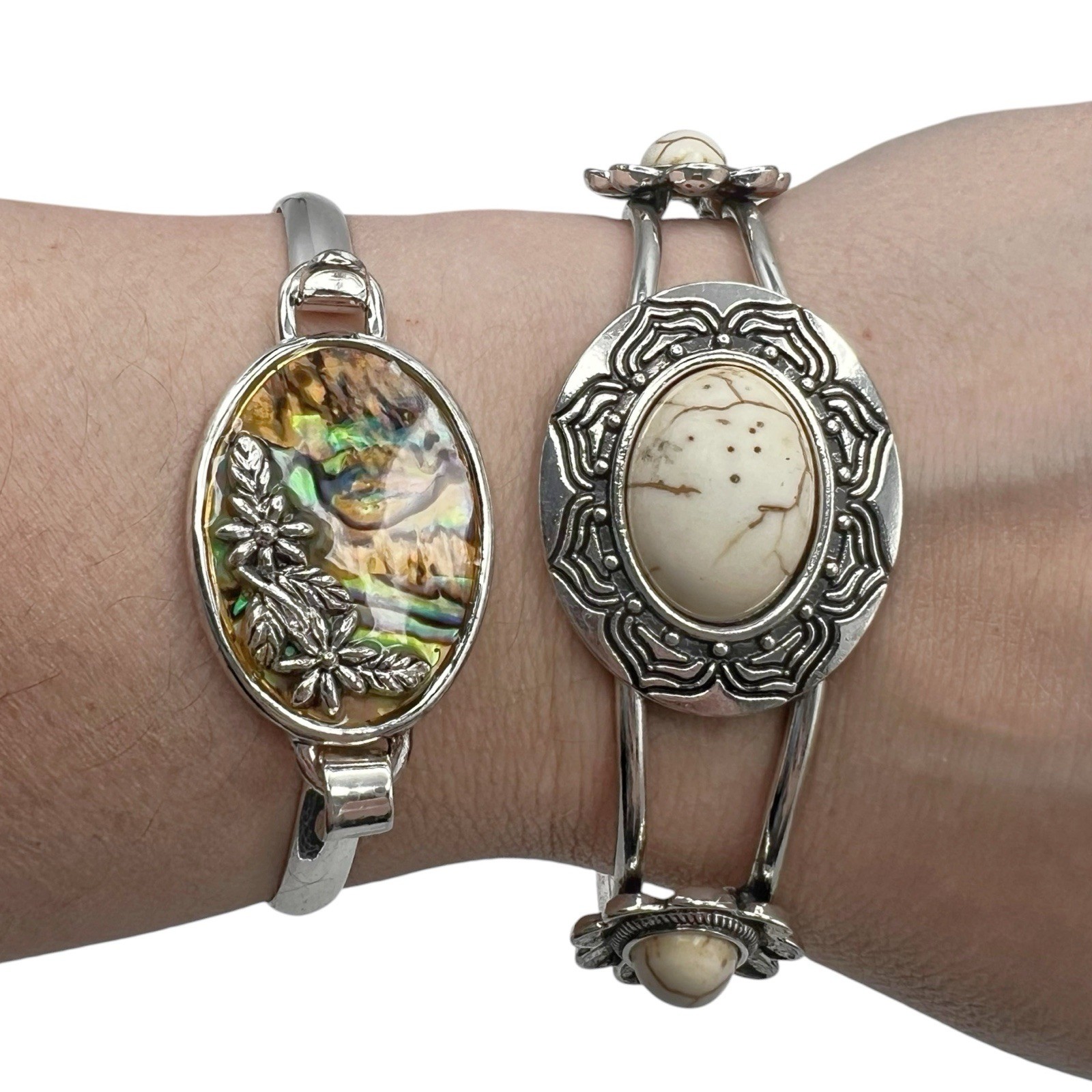 Lot of 2 Silver Tone Hinged Clamper & Latch Cuff Faux Abalone Bangle Bracelets