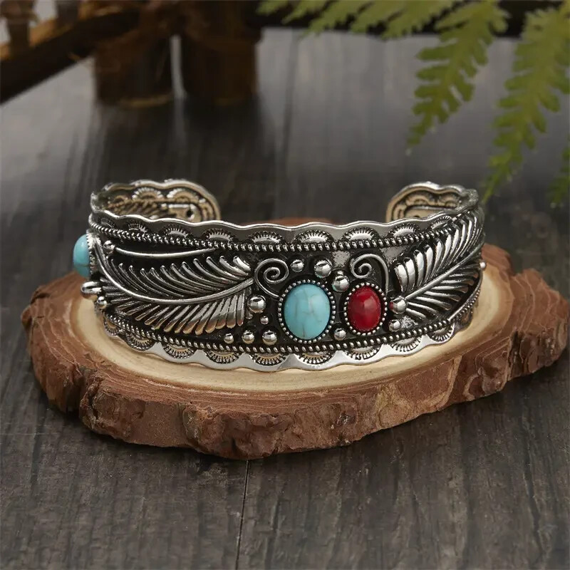 Boho 925 Sterling Silver Vintage Turquoise Tibetan Tibet Bracelet Bangle Cuff