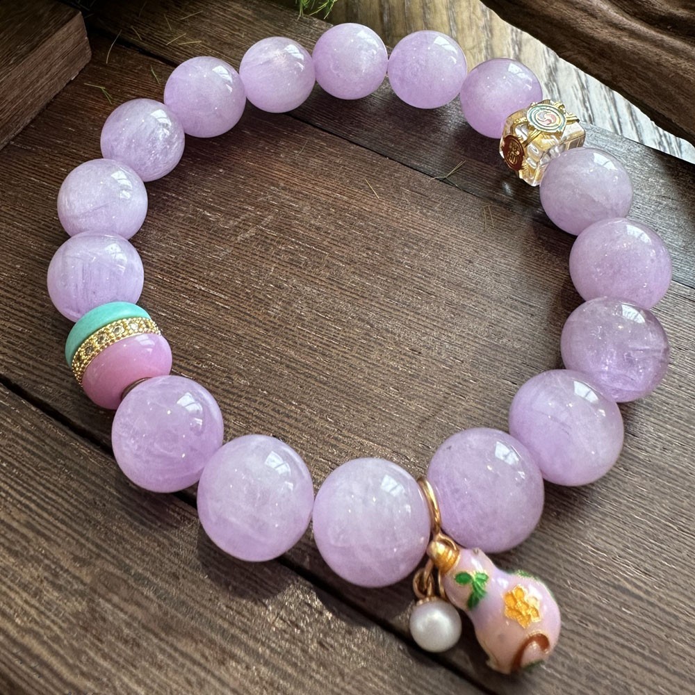 Natural Kunzite Pink Bracelet Gold Plated Five Elements Feng Shui Healing Stone