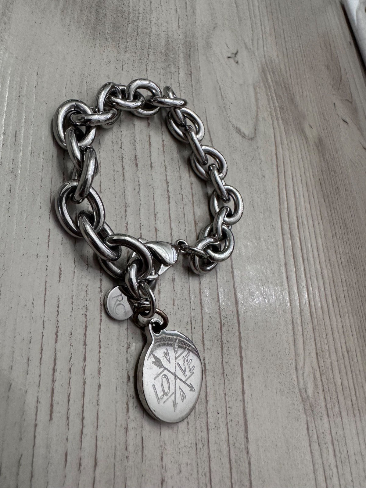 Rustic Cuff Silvertone Chain Link Bracelet Love Charm