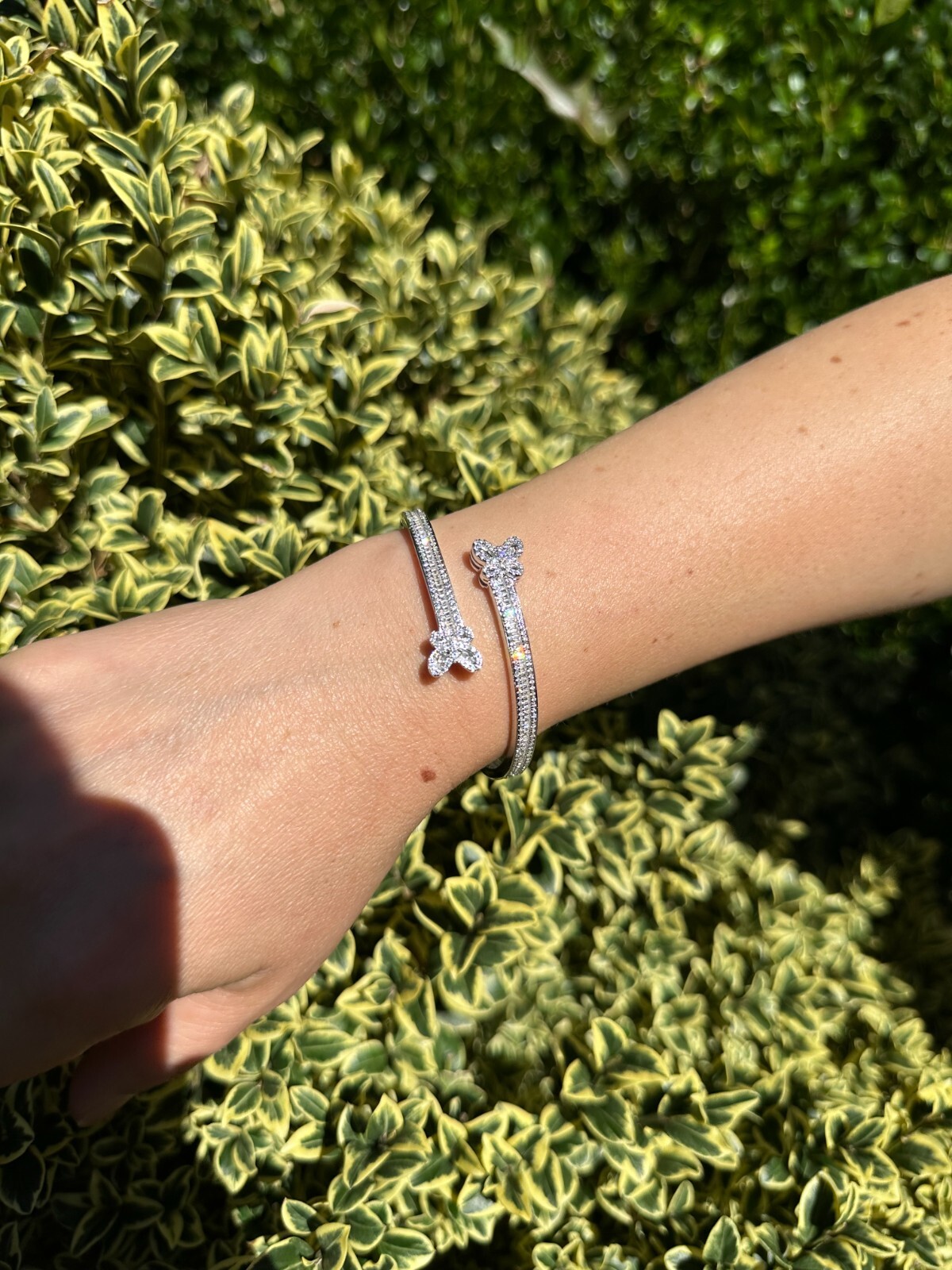 Real Solid 925 Sterling Silver Bangle Handmade Bracelet CZ Iced Butterfly Design