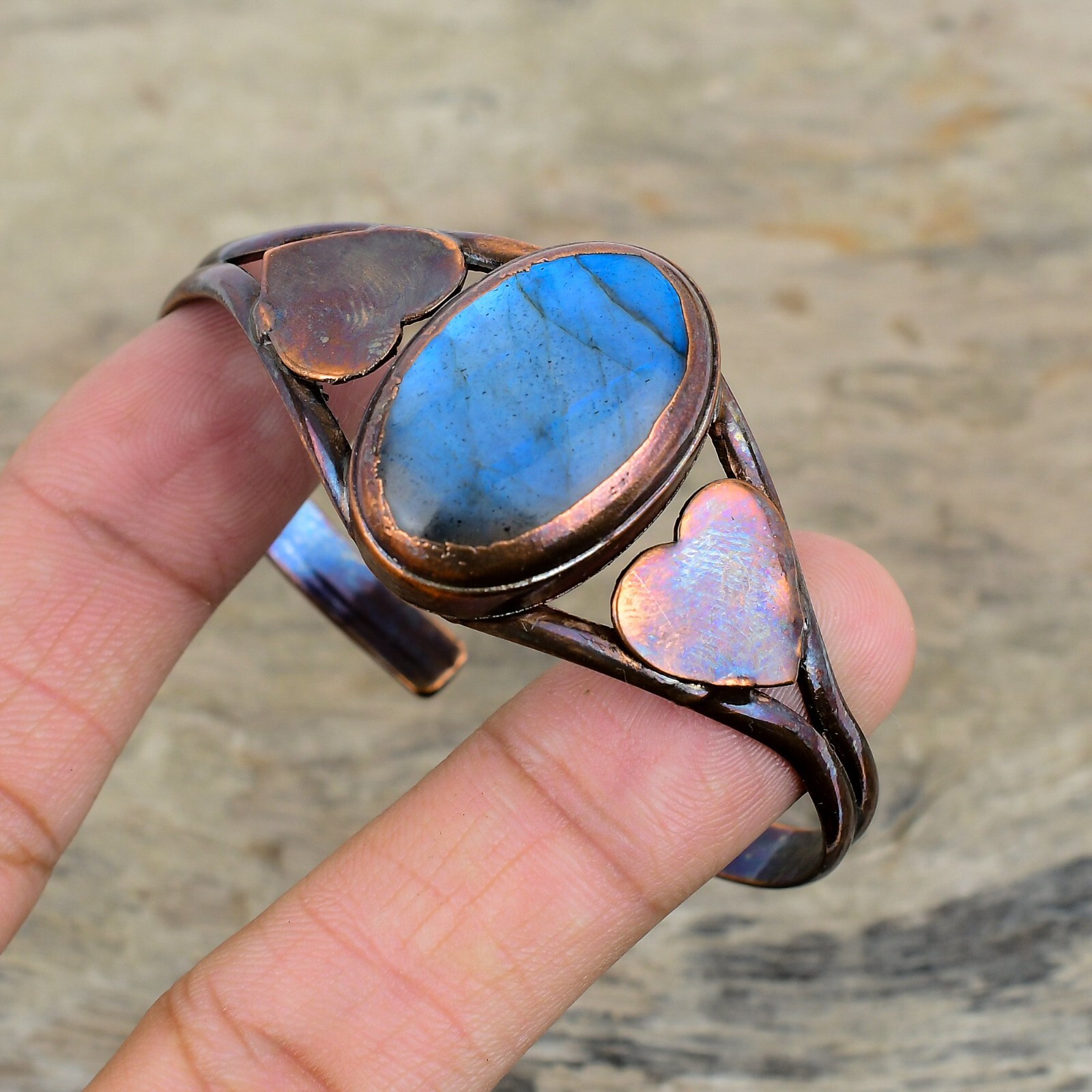 Labradorite Electroformed Heart Adjustable Bangle Handcrafted Copper Partywear