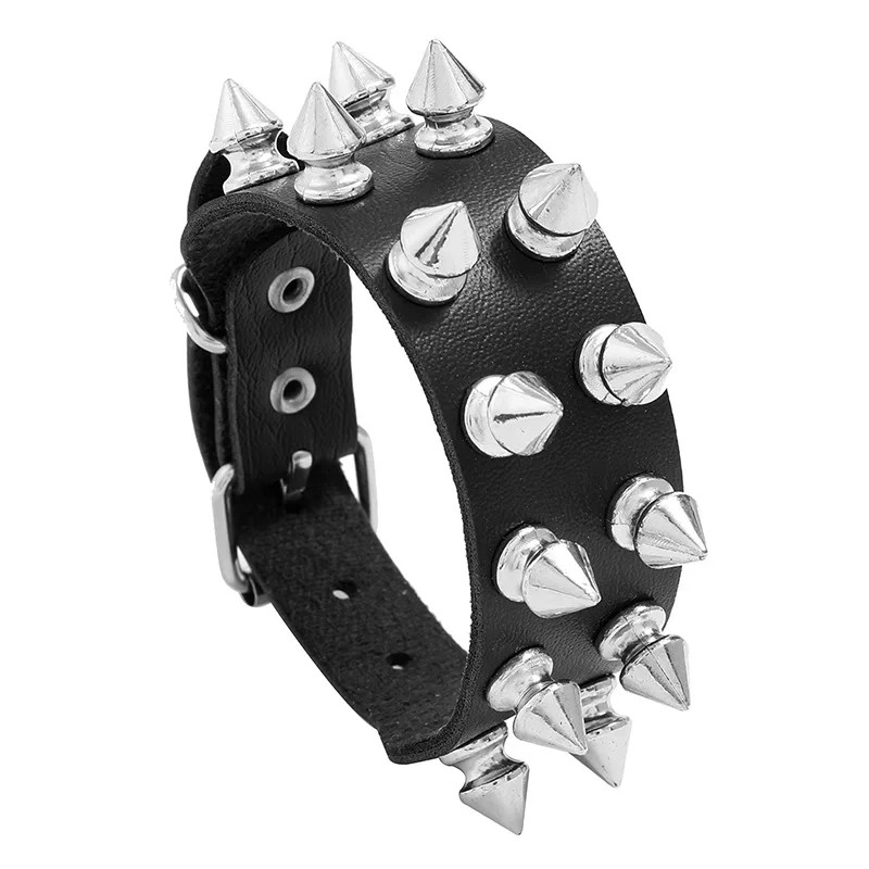 Faux Leather Wrap Bracelet Women Double Row Spiked Black Round Layered Jewelry