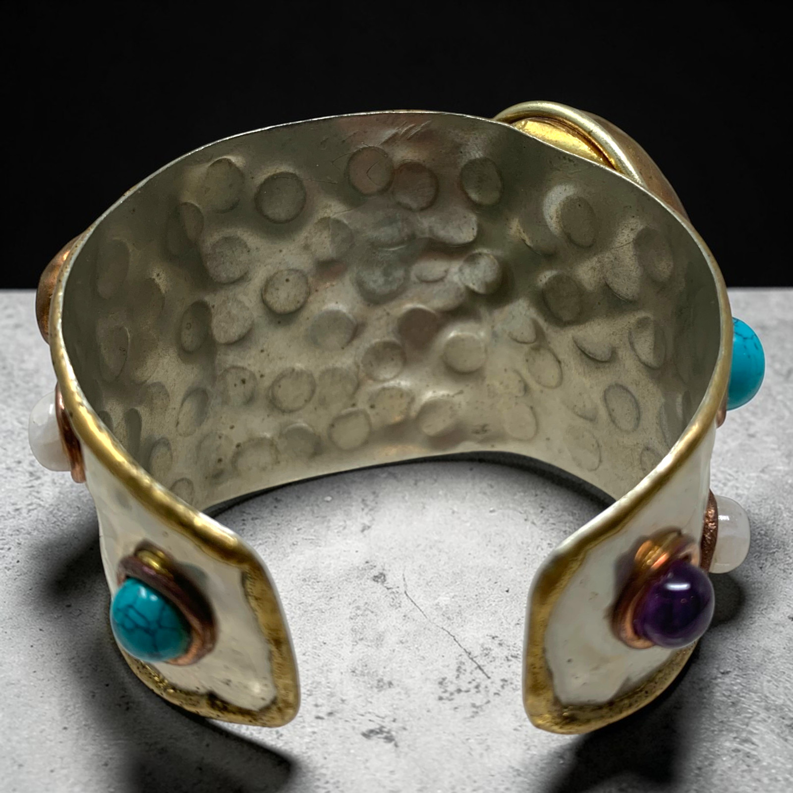 Vintage Artisan Natural Stone Chunky Wide Cuff Bracelet Art to Wear Statement