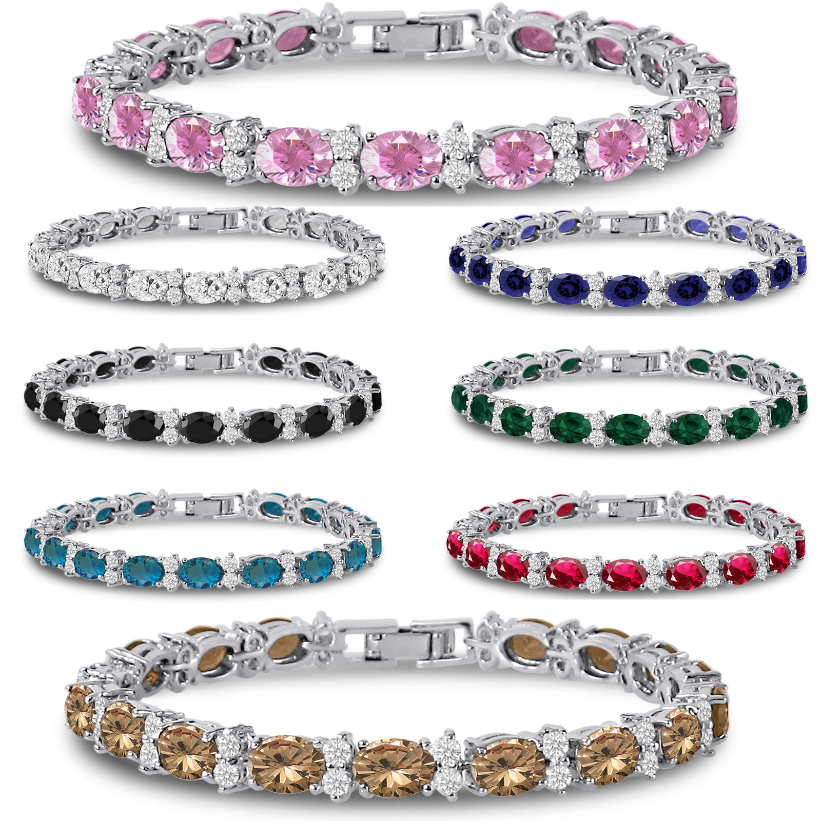 Tennis Bracelet with Cubic Zirconia CZ 7x5mm Oval Silver Plated – FREE Shipping