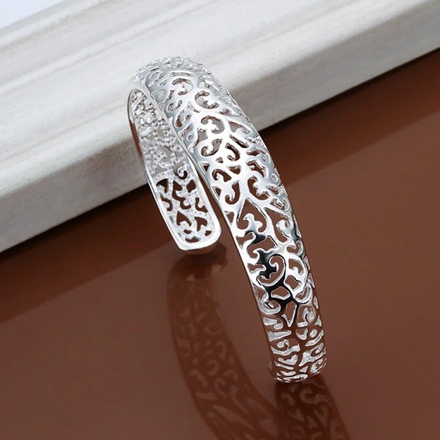 925 Sterling Silver Open Cuff Bangle Bracelet Round Women Fashion Jewelry Gift