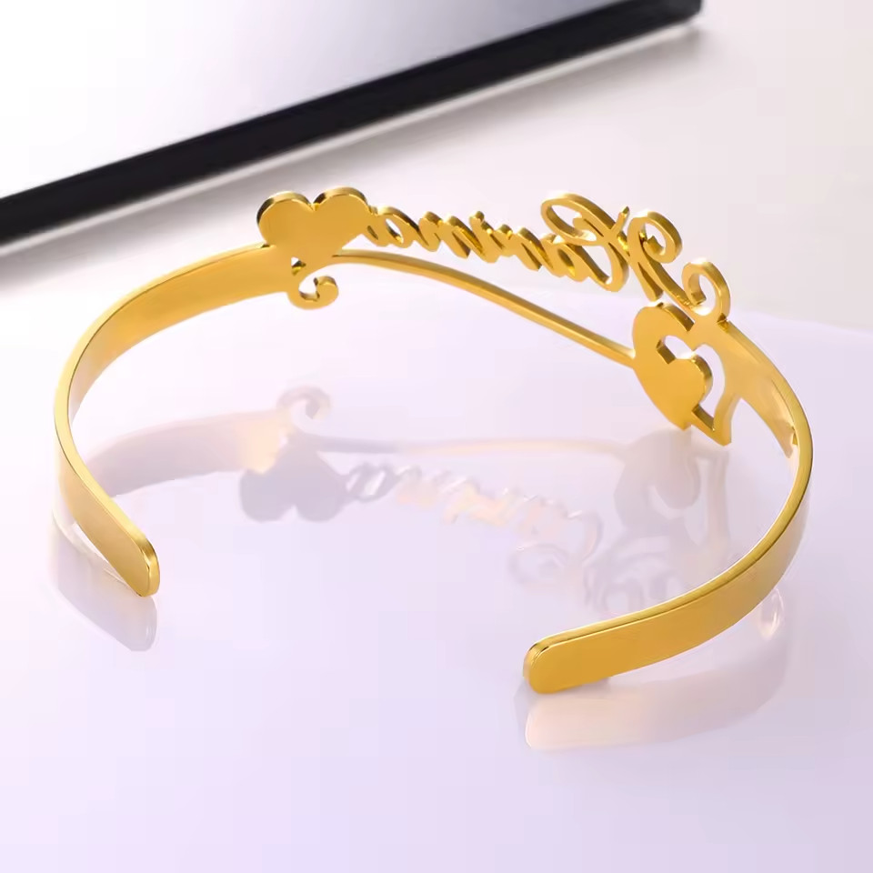 Customized Name Heart Bracelet Bangle Cuff Jewelry Cursive Adjustable Women Gift