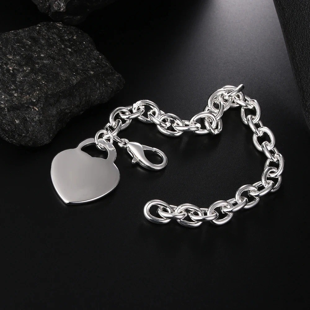 925 Sterling Silver Heart Pendant Thick Chain Bracelet Women Fashion Jewelry