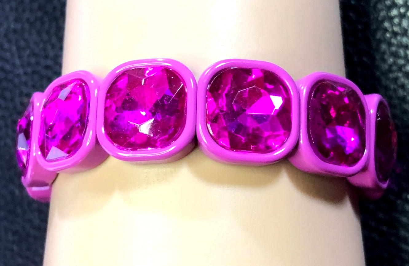 Rhinestone Stretch Bracelet PURPLE Fuchsia Enamel Glass Cushion 12mm Wide 7 8203