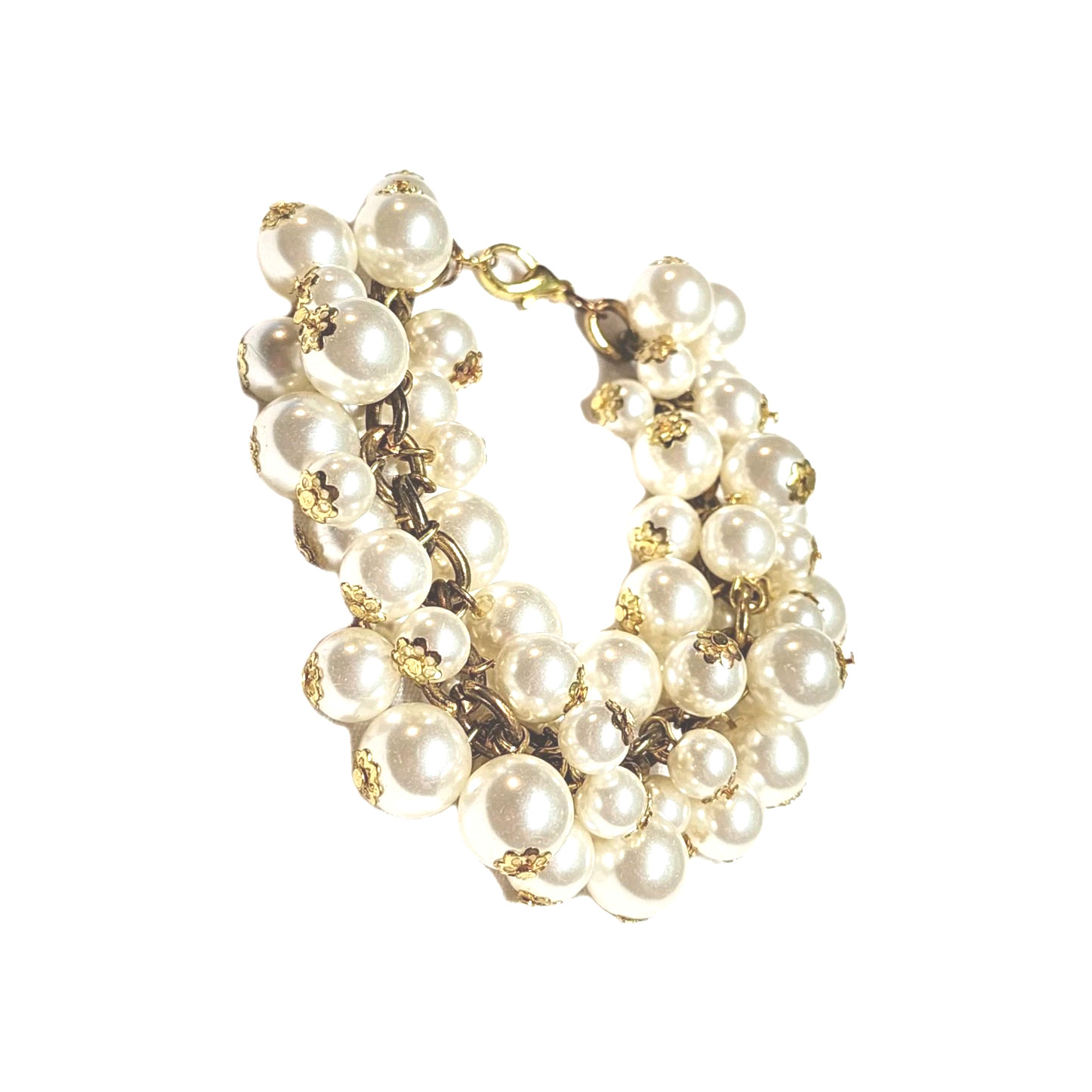 Chunky White Faux Pearl Dangle Cluster Cha-Cha Beaded Charm Cuff Bracelet 8″