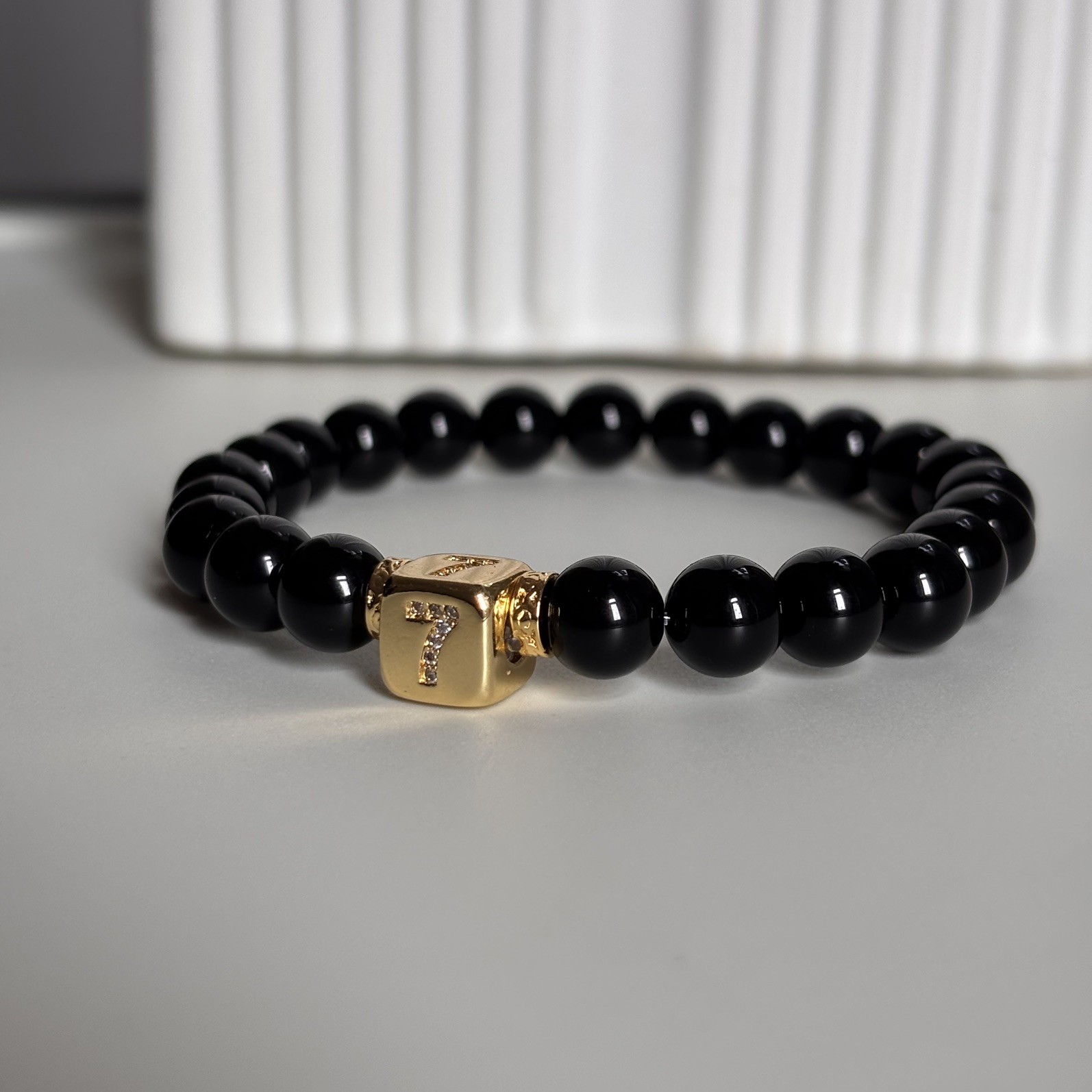 Men’s Women’s Black Onyx Gemstone Bracelet With Lucky Number 7 Cube Handmade