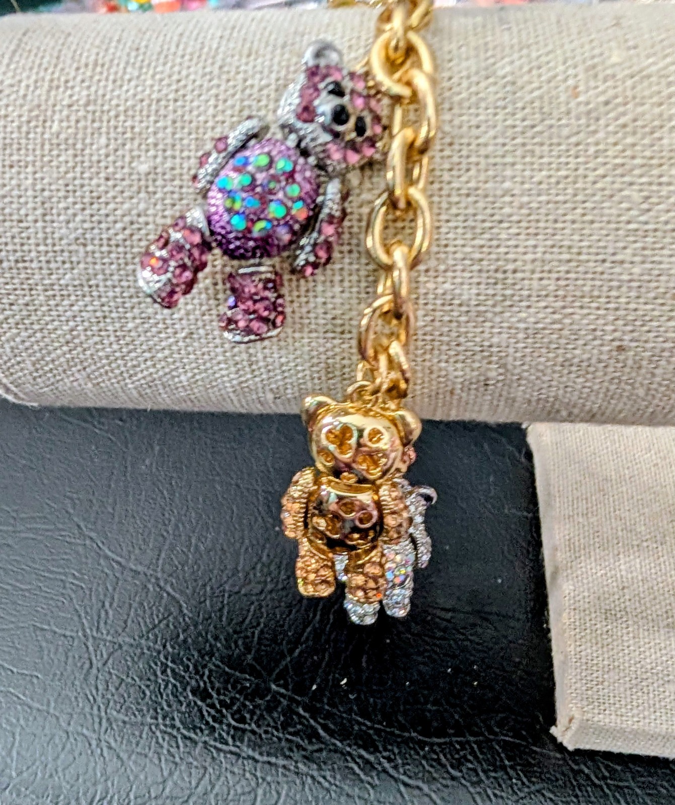 RARE Off Park R Collection Jointed Teddy Bear Charms Bracelet Gold & Silver Pave