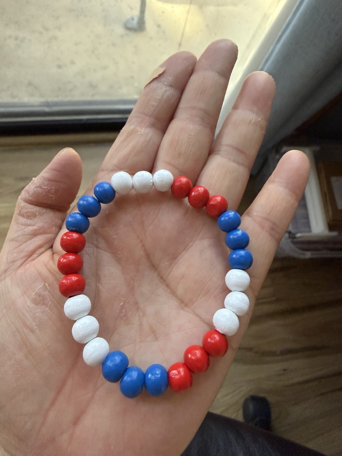 Patriotic Red/Blue/White 8mm Wood Beaded Stretch Bracelet Length 17cm