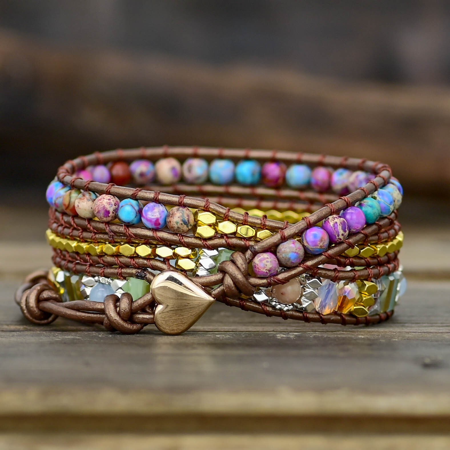Boho Wrap Bracelet Colorful Vintage Sea Sediment Braid Healing Crystals Handmade