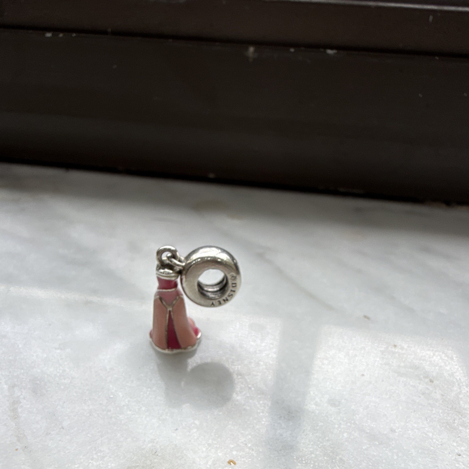 PANDORA S925 Sterling Silver Pink Enamel Dress Dangle Charm Engraved