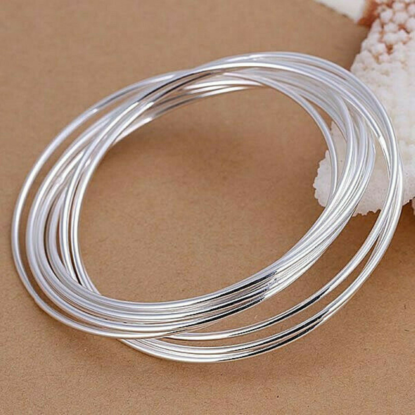 Women’s Large Wrist Classic Ten Ring Bangle Bracelet Sterling Silver