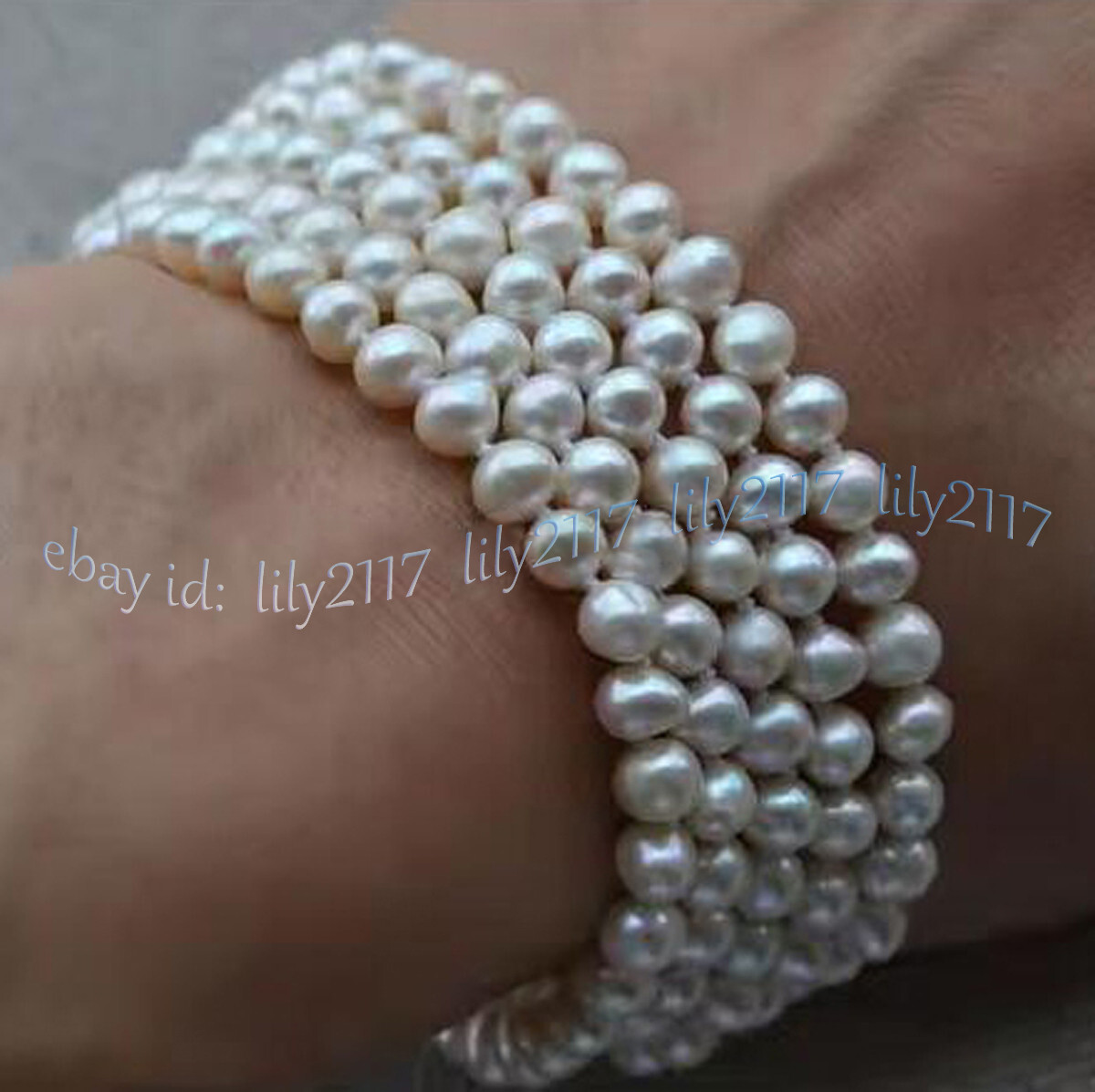 5 Rows 5-6mm Genuine Natural White Freshwater Cultured Pearl Bracelet 7.5″