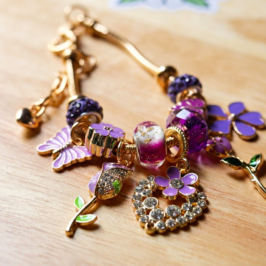 NEW Gold-Tone Purple Accent Snake Chain Charm Bracelet w/Lobster, Enamel Flowers