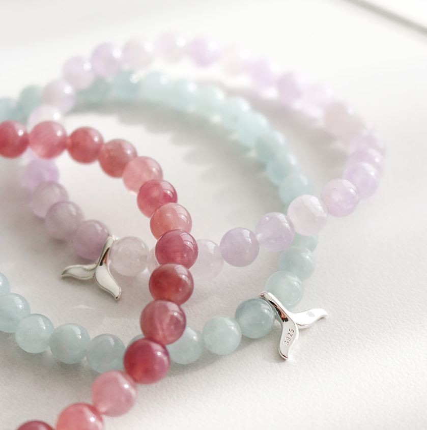 Rose Quartz Lavender Amethyst Whale Tail 925 Silver Bracelet Good Luck Gift