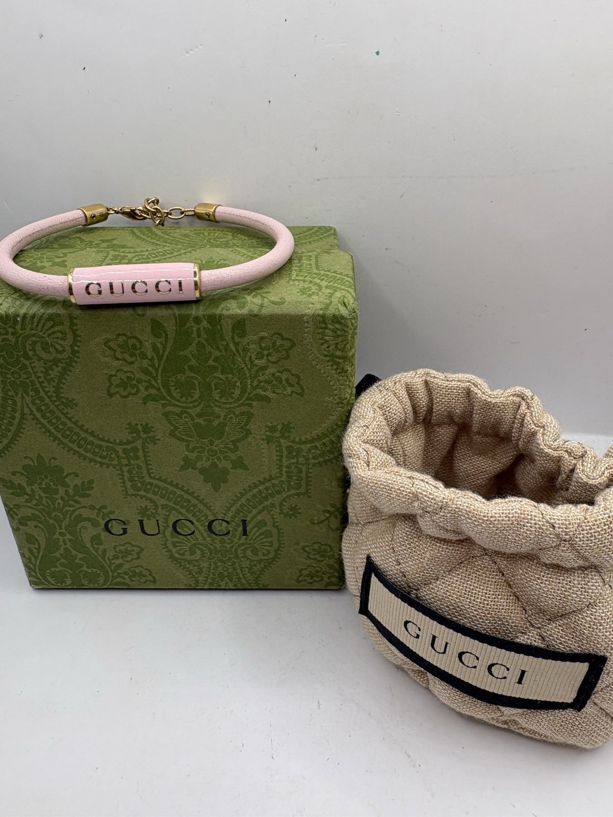 Gucci Pink Leather Enamel Bracelet With Box & Dust Bag