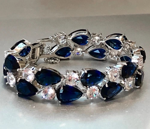 18k White Gold Filled Lab Blue Sapphire & Simulated Diamond Tennis Bracelet 7.5”