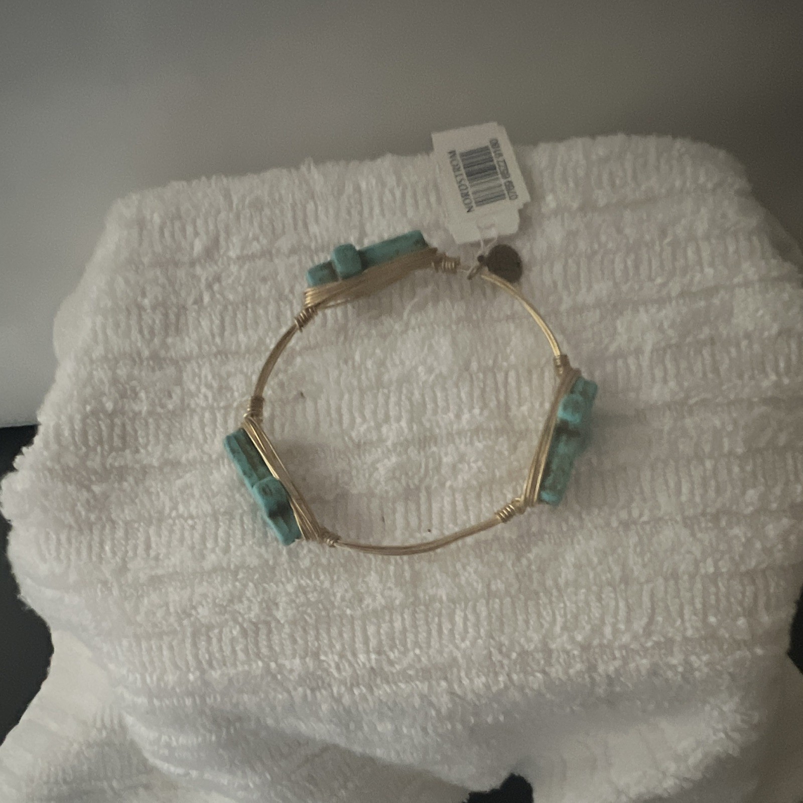Gold Tone Bangle Charm Bracelet Turquoise Cross Dangle Religious Metal