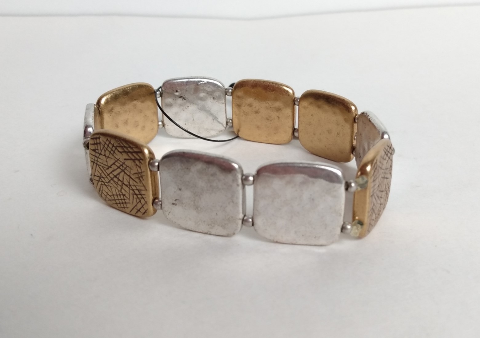 Chico’s Stella Silver Gold Tone Textured Squares Stretchy Bracelet New NWT