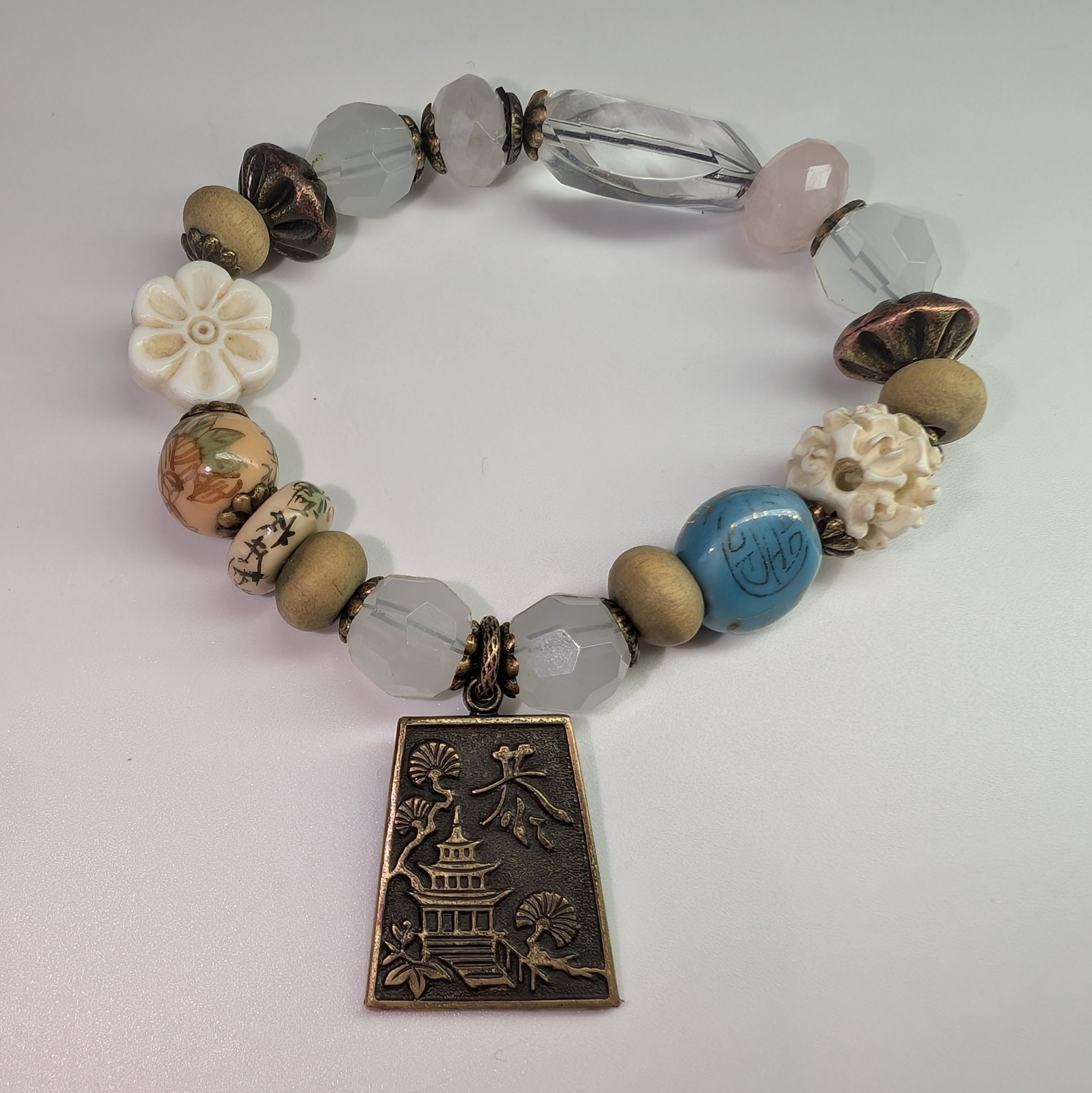 Mixed Bead Asian Pagoda Charm Bracelet, Boho Stretch Rose Quartz & Wood Beads
