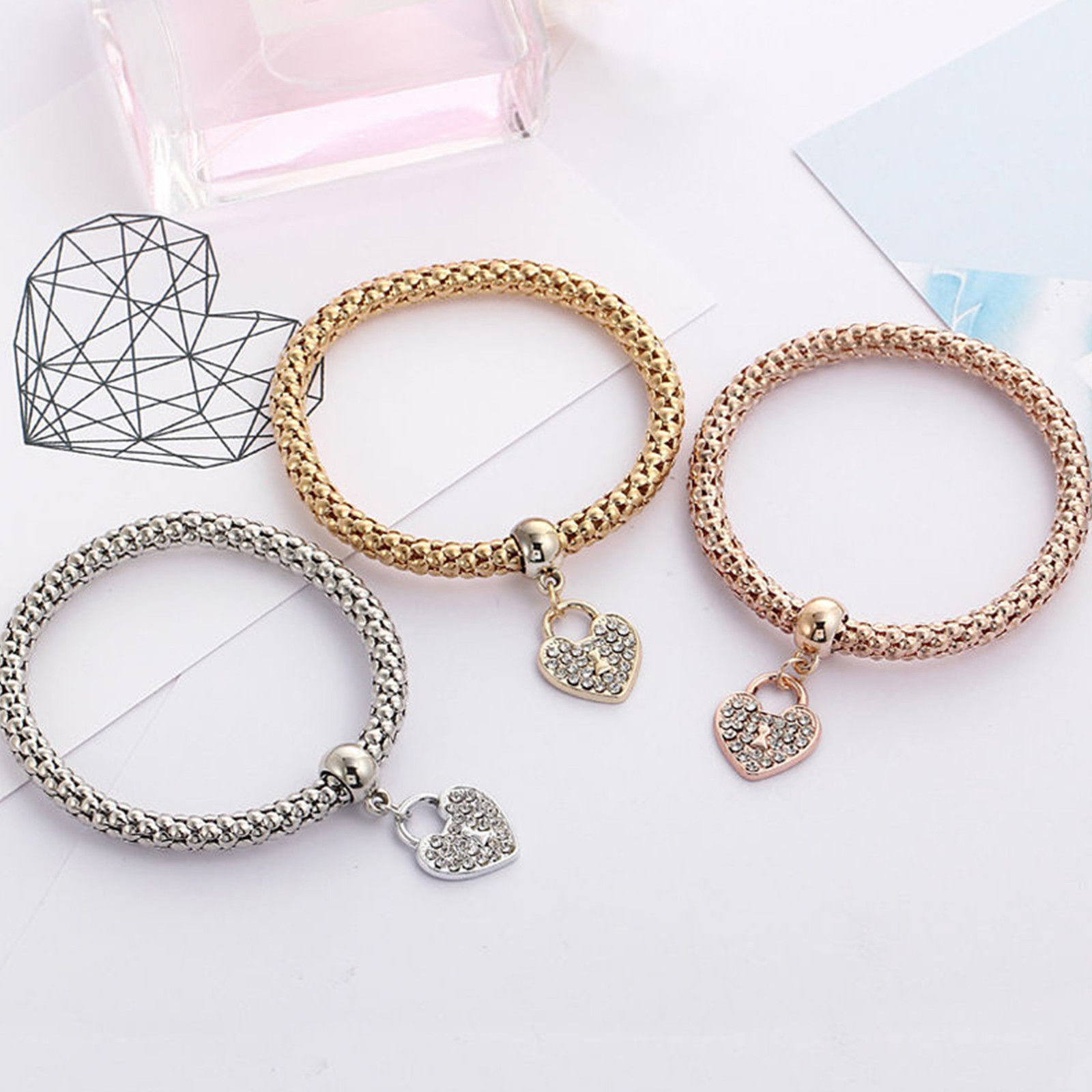 Women’s Fashion Jewelry 3 Piece Silver Rose Gold Heart Bangle Bracelet 53-2