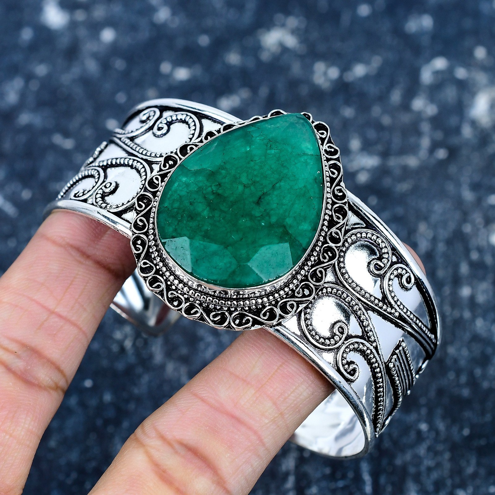 Lab-Created Emerald Cuff Bracelet, 925 Sterling Silver Bracelet, Jewelry For Her