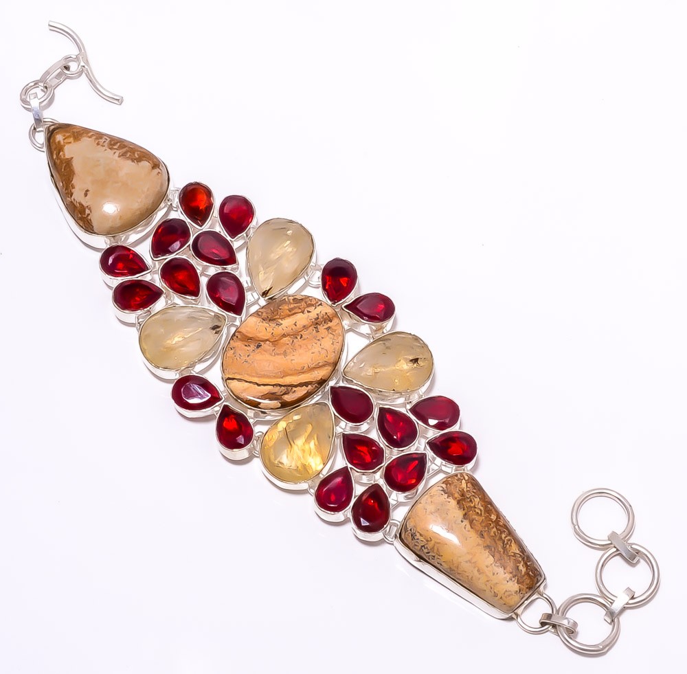 Natural Picture Jasper & Golden Rutile 925 Silver Plated Bracelet 7-8″LB-554