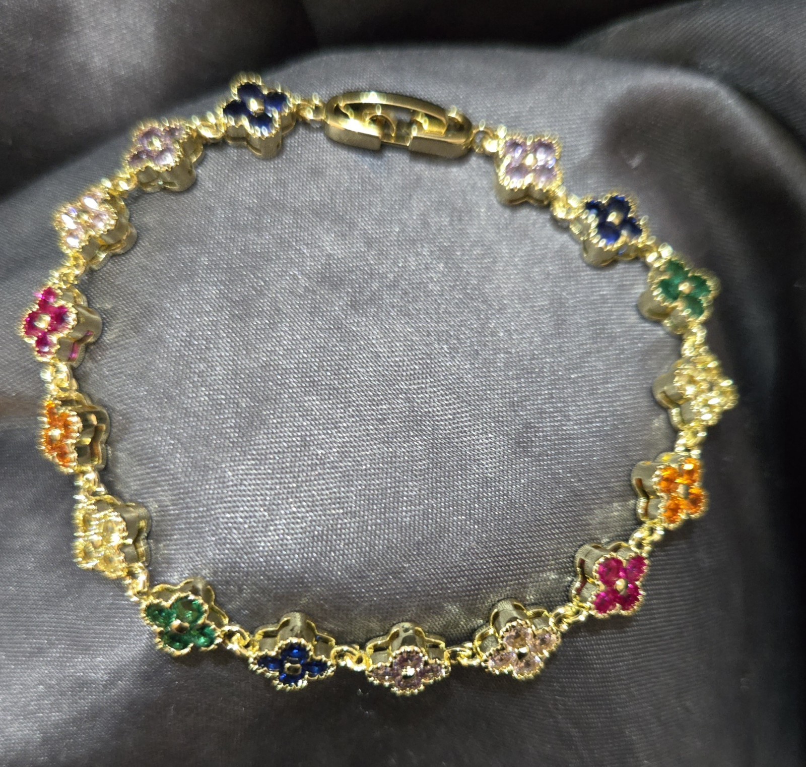 New Vibrant Gold Tone Multicolor Clover Flower Station Bracelet