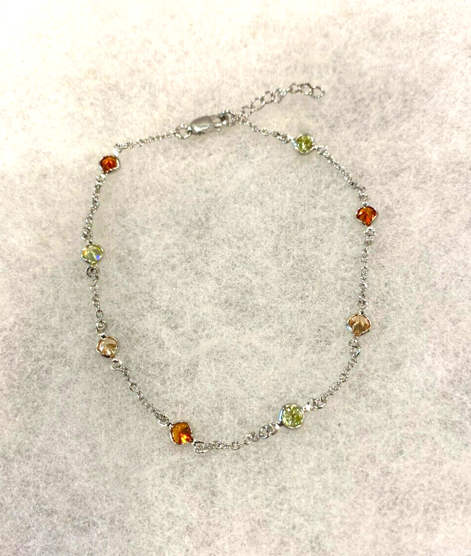 Sterling 1 MM Chain with CZ’s Ankle Bracelet 8 1/2 to 9 1/2 In. – 2.8 Grams