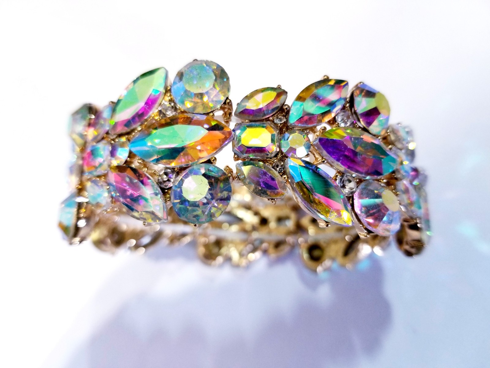 AB Iridescent Gold Rhinestone Stretch Bracelet Crystal Pageant Prom Drag Jewelry